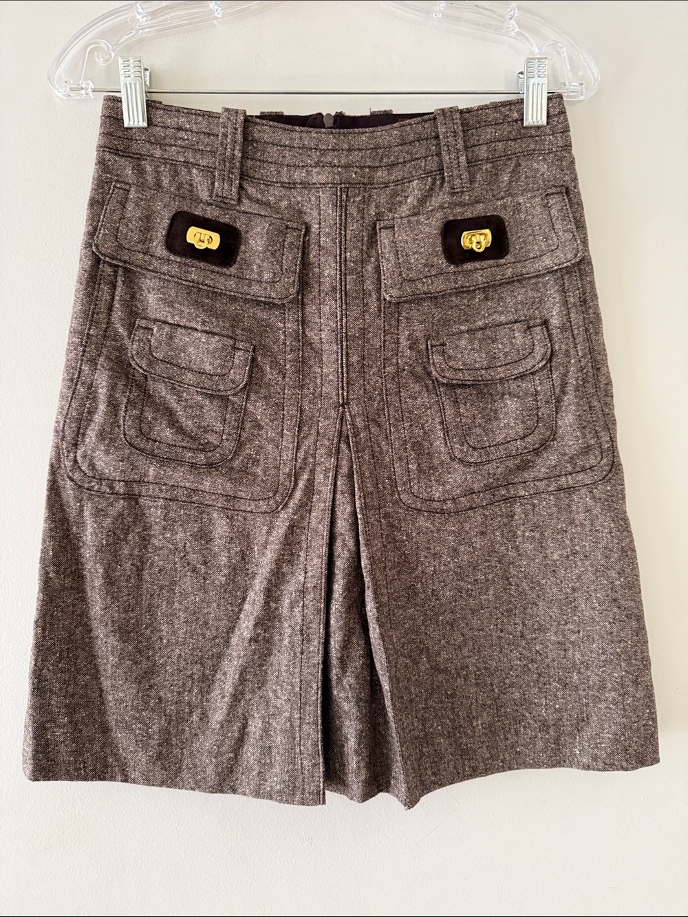 Dittos Brown Wool-Blend Cargo Skirt with Gold-Tone Accents